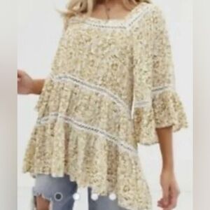 Free People Talk About It Cream and Brown Tunic, size small